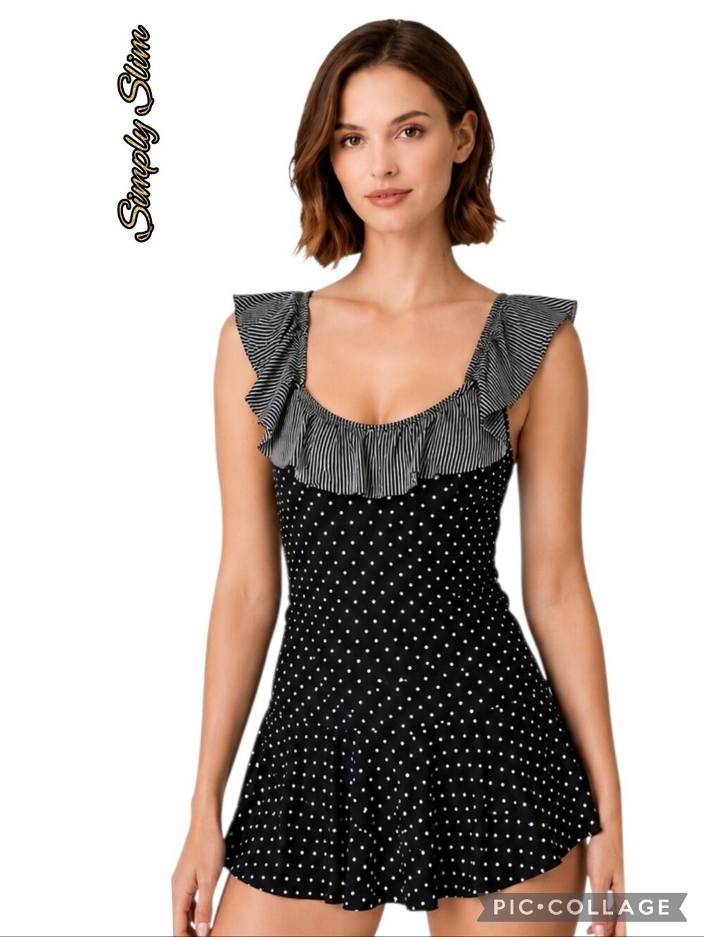 Simply Slim swim dress women’s off shoulder ruffle black/white gingham sz 2X